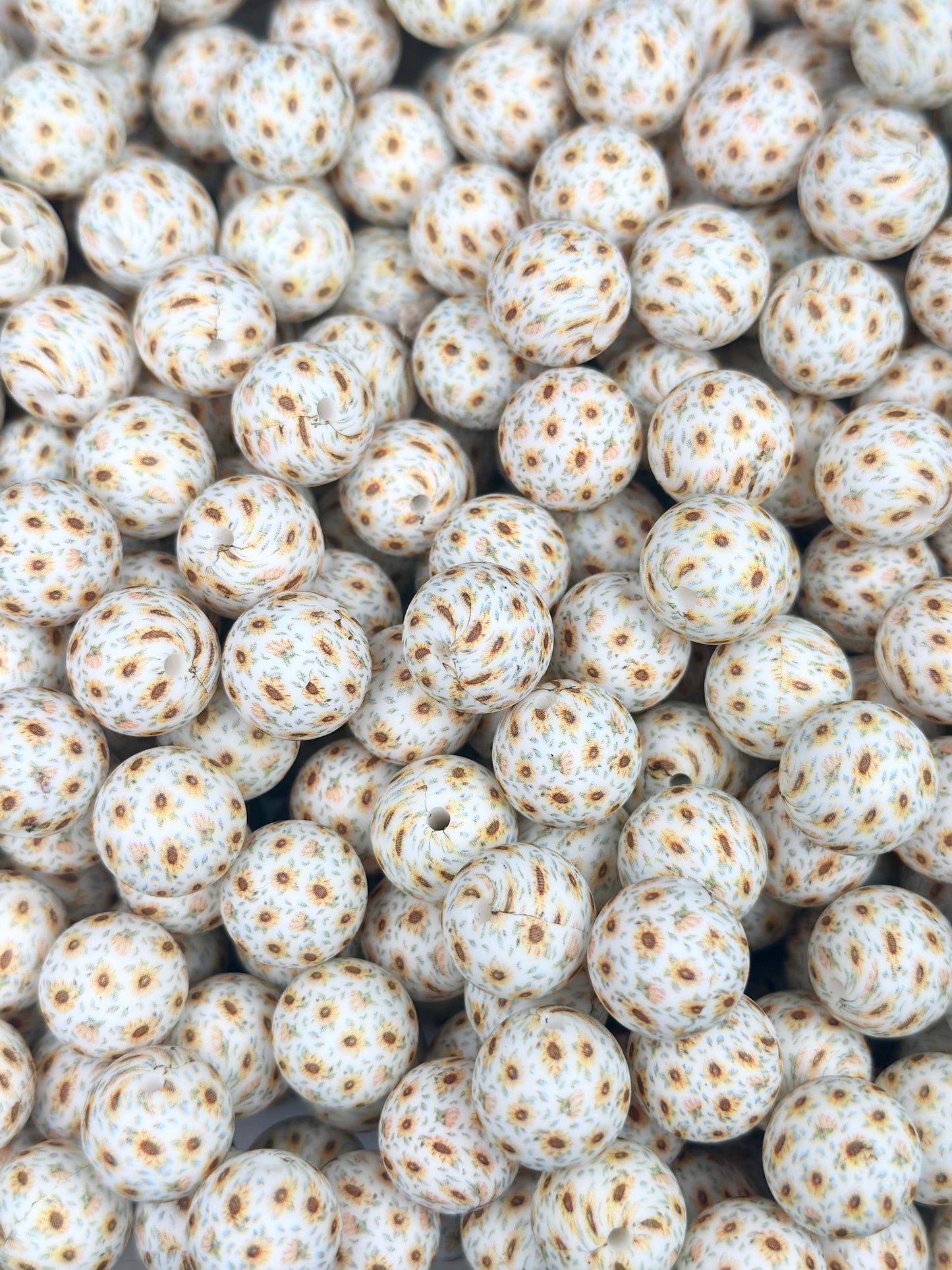 15mm Print White Sunflower Round Silicone Beads