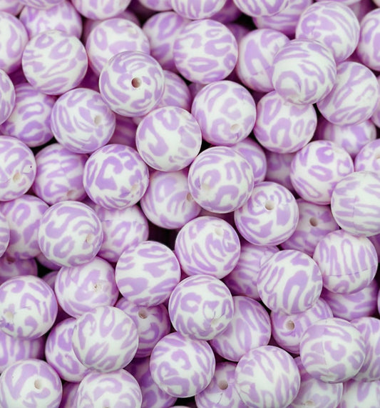 15mm Print Light Purple Leopard Round Silicone  Beads, Animal Print Beads