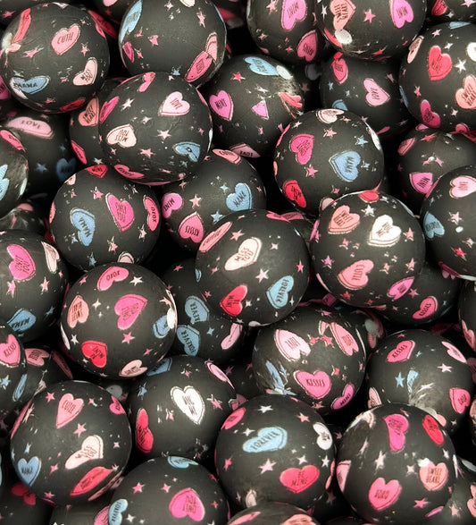 15mm Print Black Word Hearts EXCLUSIVE Round Silicone Beads, Valentine Printed Silicone Bead