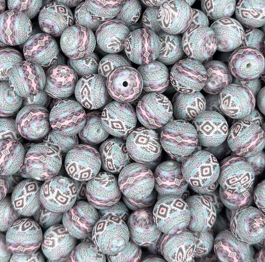 15mm Print Pastel Aztec Round Silicone Beads