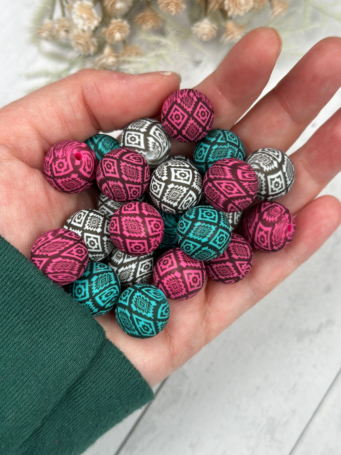 15mm Print Aztec EXCLUSIVE Round Silicone Beads