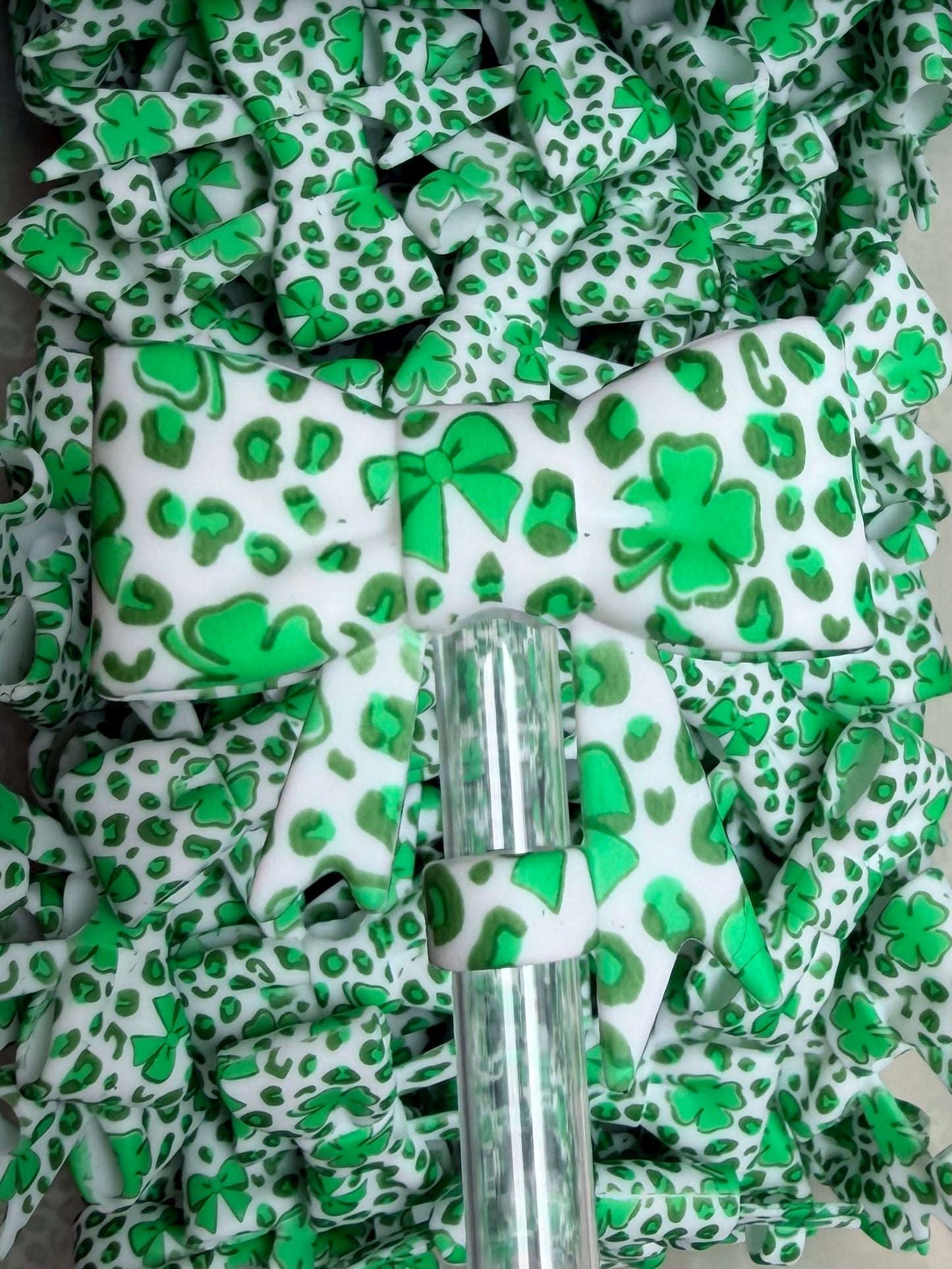 Y- Straw Topper - Shamrock Leopard Printed Bow, Tumbler Accessory