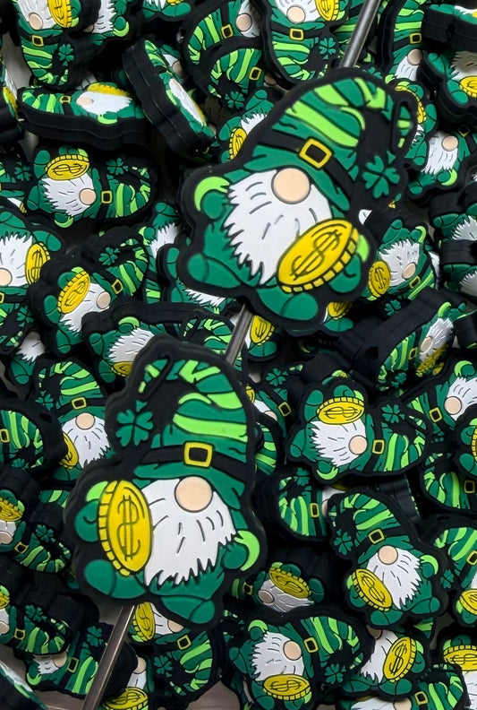 E- Mr. Money Bags Gnome Silicone Focal Bead, St. Patrick’s Day Silicone Bead