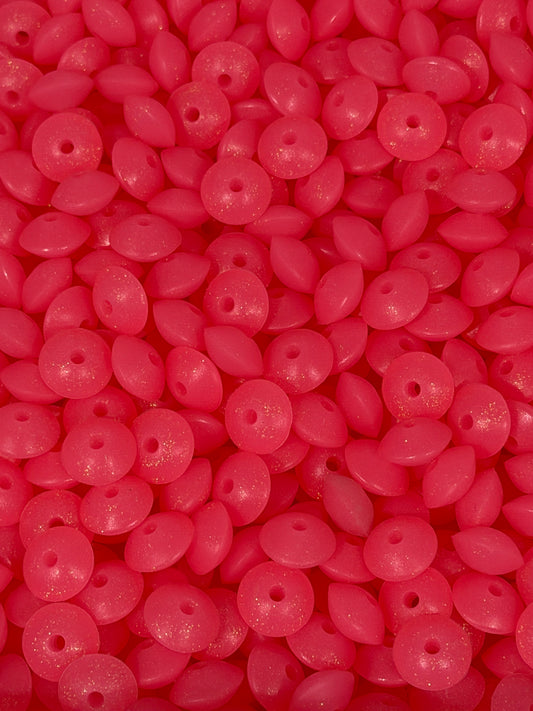 12mm Lentil GLITTER Neon Pink Silicone Beads