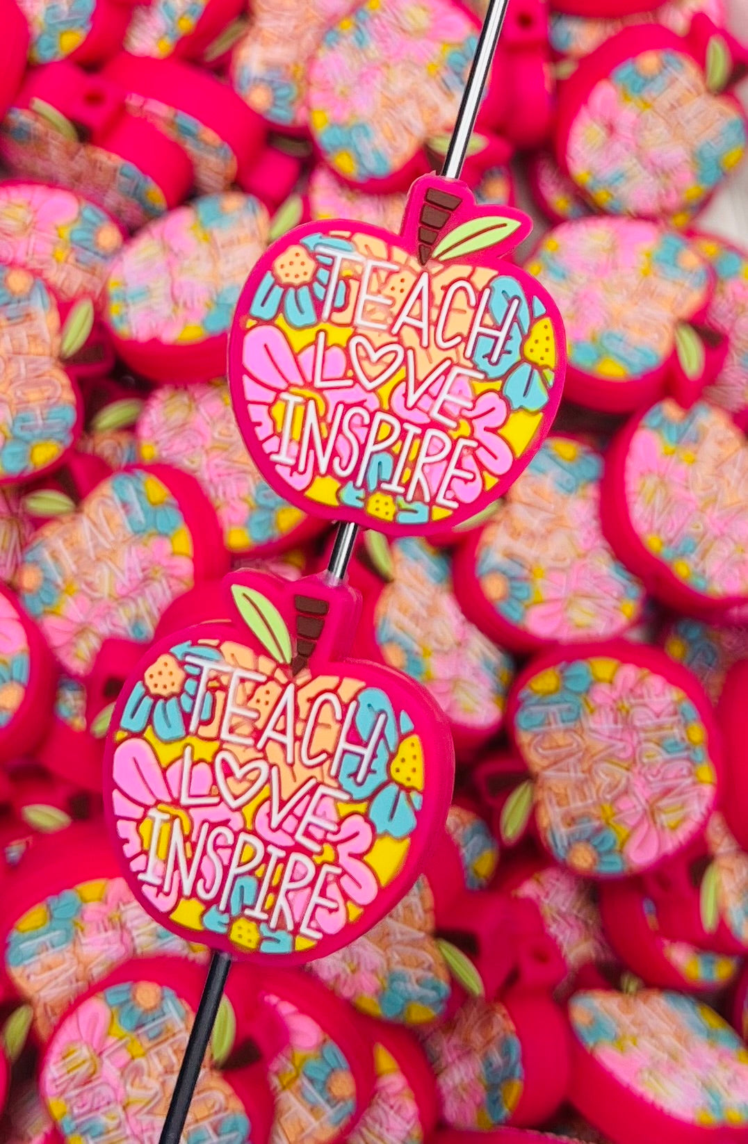 S- Flower Apple Teach Love Inspire Silicone Focal Bead, Teacher Shape Silicone Focal Bead