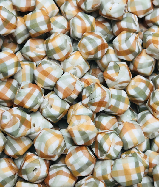 14mm Hexagon Fall Plaid EXCLUSIVE Printed Silicone Beads
