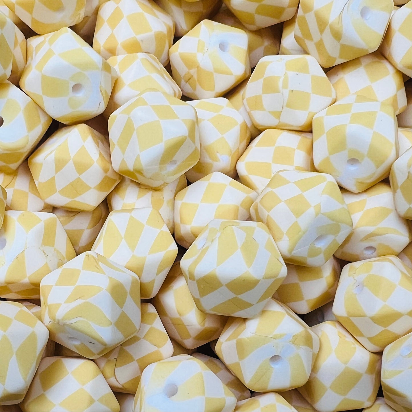 14mm Hexagon Print Yellow Checkered Flag EXCLUSIVE Printed Silicone Beads