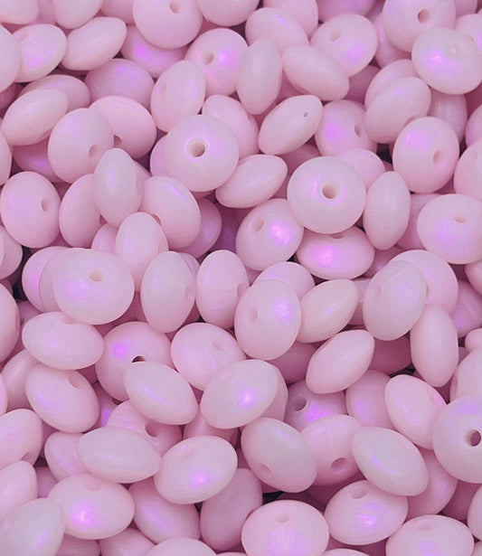12mm Lentil Solid Iridescent Pink Silicone Beads