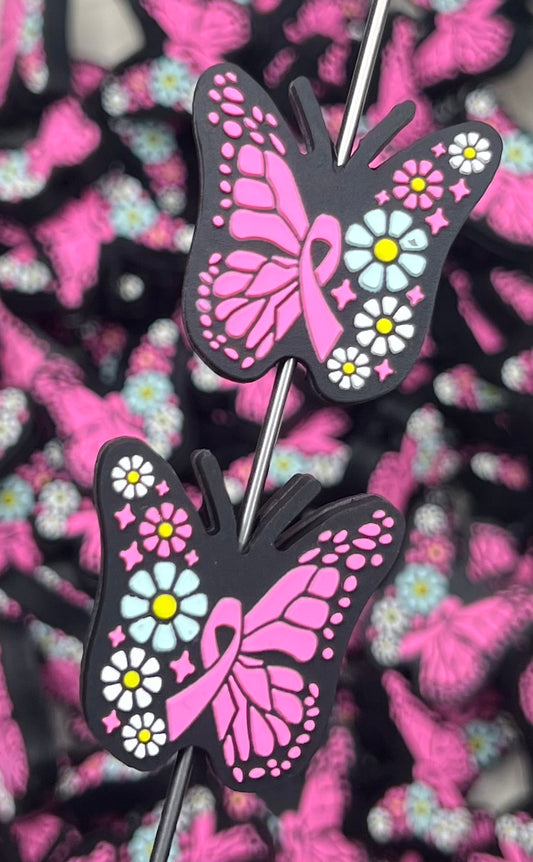 N- Pink Ribbon BUTTERFLY Focal Bead, Butterfly Silicone Bead, Awareness Silicone Bead