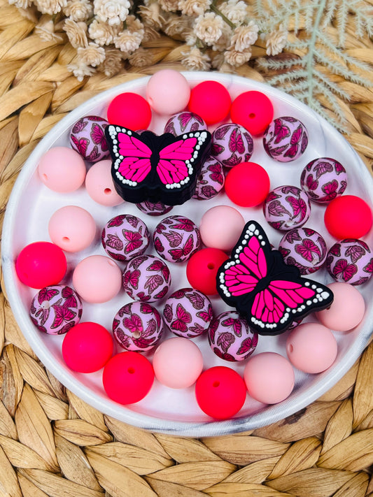 *Bead Mix - Pink Butterfly Silicone Bead Mix, Animal Bead Mix