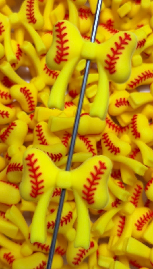 P- Puffy Softball Bow Silicone Focal Bead, Ribbon Silicone Bead, Bow Shape Silicone Bead, Sports Silicone Bead
