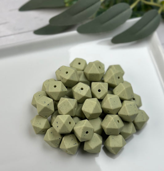 14mm Hexagon Green Speckled Silicone Beads