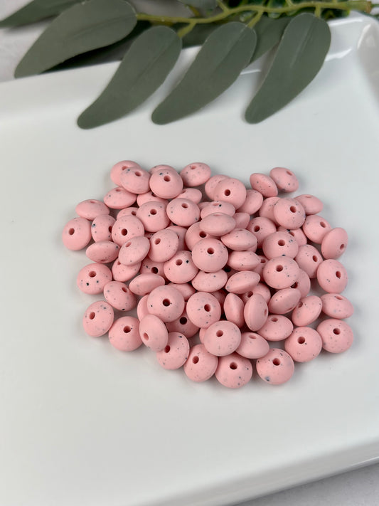 12mm Lentil Speckled Pink  Silicone Bead