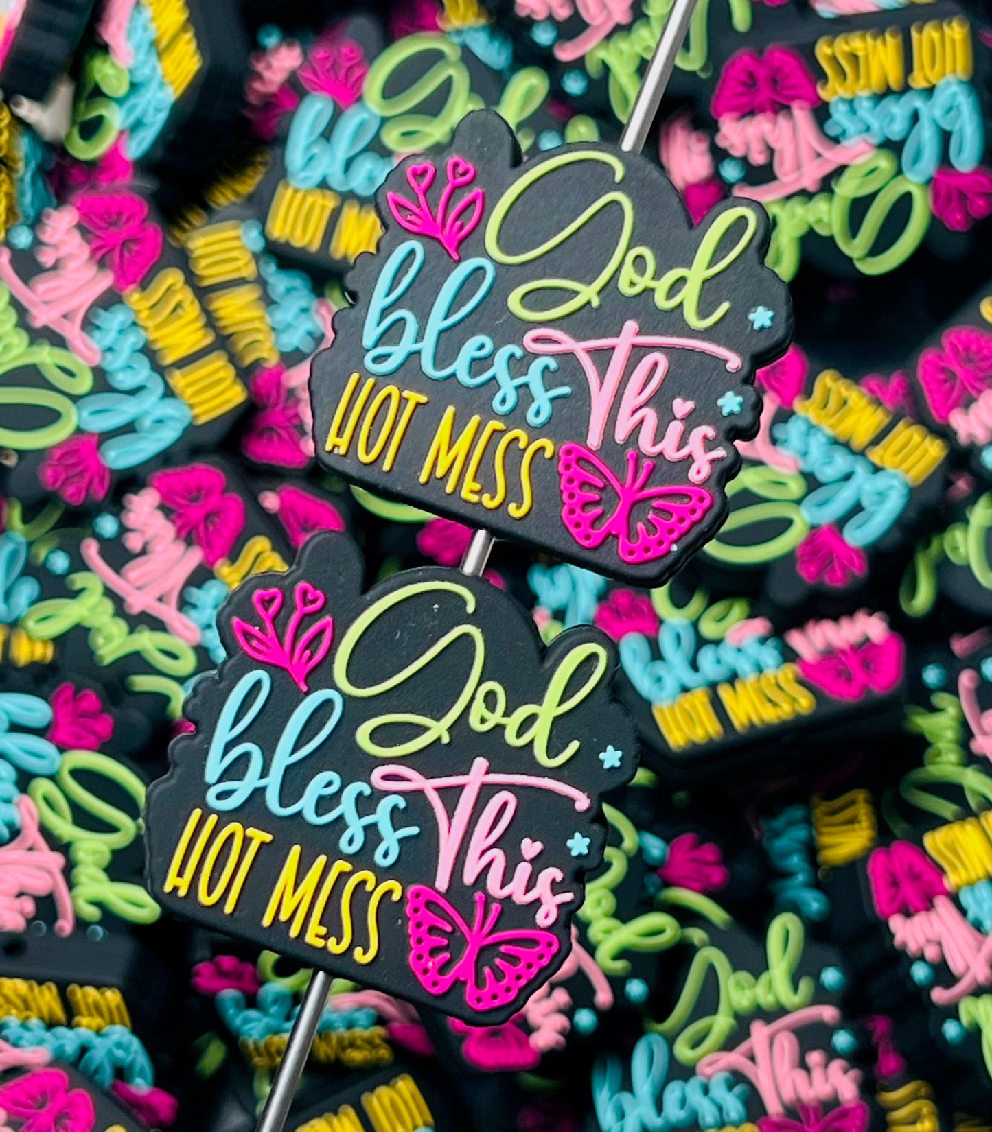 R- God Bless This Hot Mess Silicone Focal Bead, Quote Focal Bead