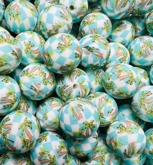 15mm Print Checkered Palm Trees EXCLUSIVE Silicone Beads, Summer Silicone Print Bead