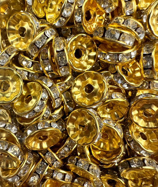 10mm Gold Rhinestone Spacer Bead, Rondelle Spacer Bead
