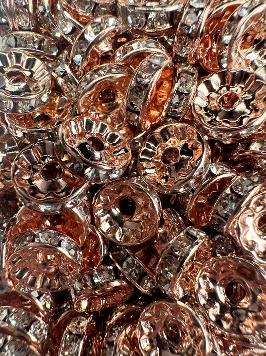 10mm Rose Gold  Rhinestone Spacer Bead -Pack of 10 , Rondelle Spacer Bead