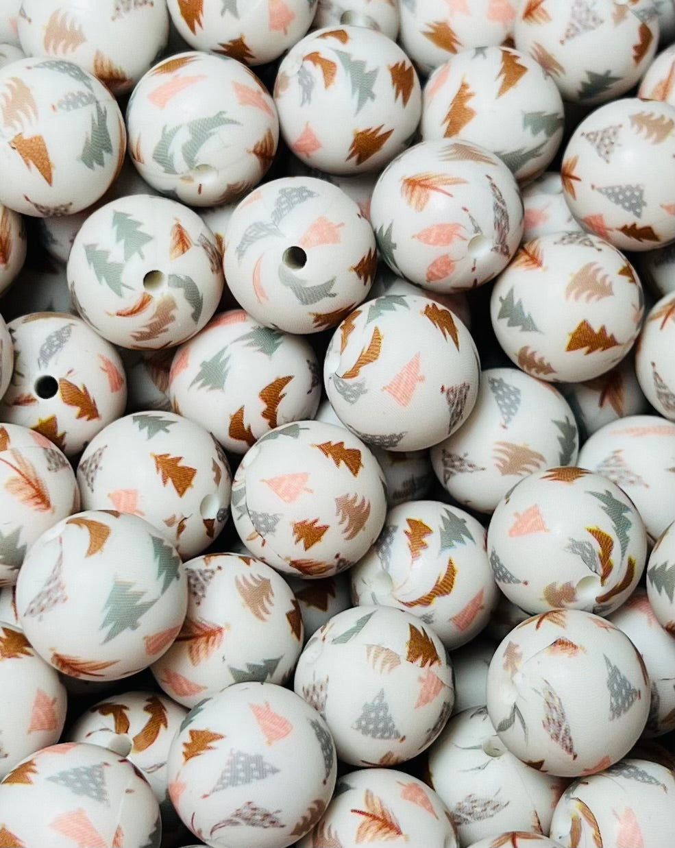 15mm Print Boho Christmas TREE Round Silicone Beads, Christmas Print Beads