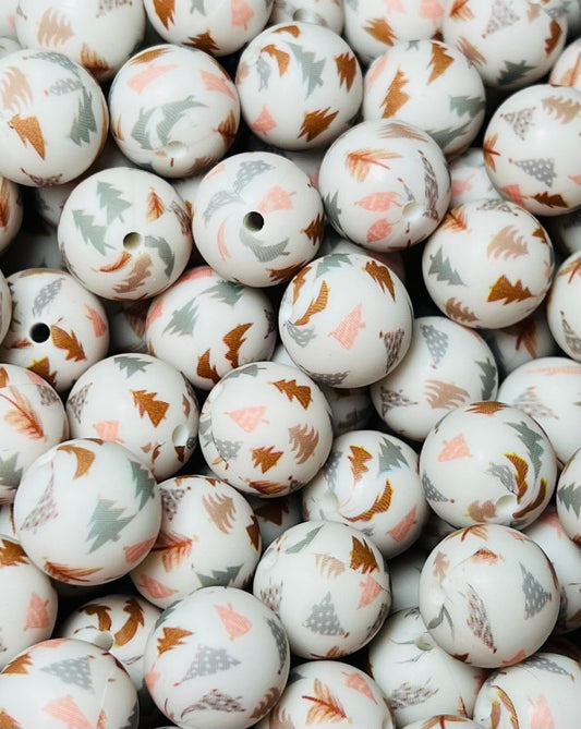 15mm Print Boho Christmas TREE Round Silicone Beads, Christmas Print Beads