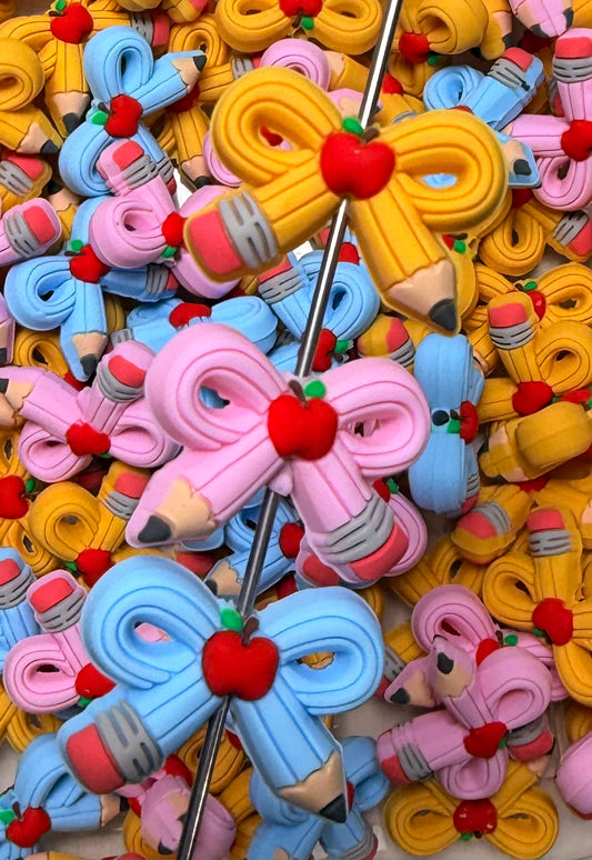 3D Pencil Bow Silicone Focal Bead, 3D School Focal Bead