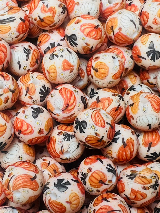 15mm Print Pumpkin Harvest Round Silicone Beads, Pumpkin Silicone Bead