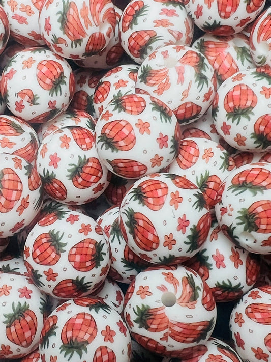15mm Print Disco Berry Round Silicone Beads, Strawberry Silicone Bead