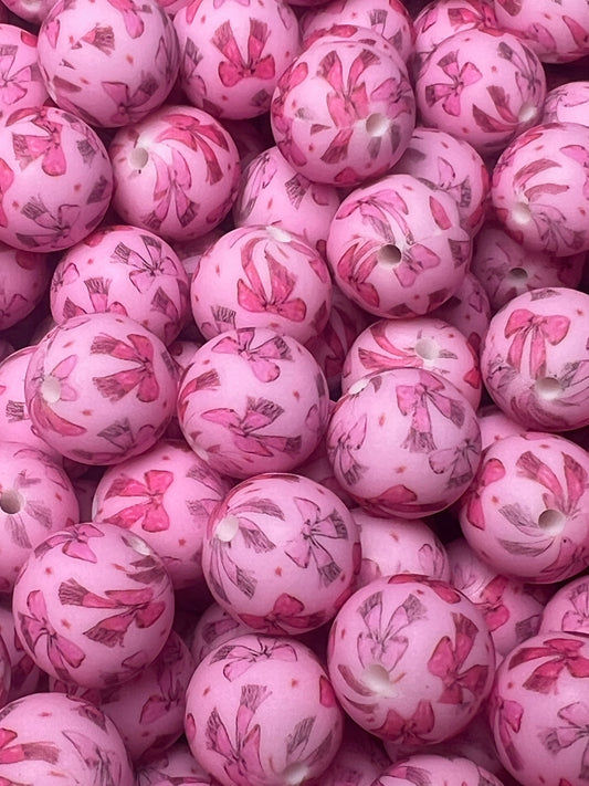 15mm Print BowLicious Round Silicone Beads, Bow Silicone Bead