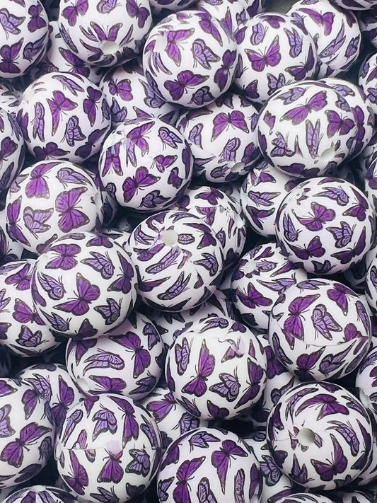 15mm Print Purple Butterfly Round Silicone Beads