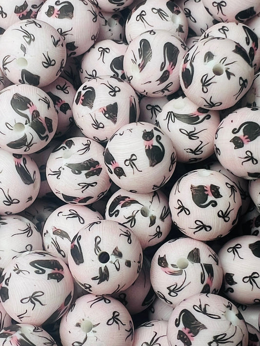 15mm Print Meow Bows Round Silicone Beads, Animal Bow Silicone Bead