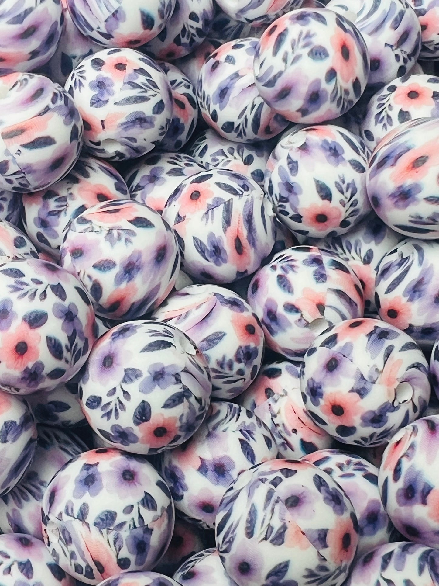 15mm Print Purple Gardens Round Silicone Beads, Flower Silicone Bead