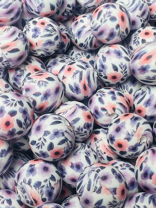 15mm Print Purple Gardens Round Silicone Beads, Flower Silicone Bead