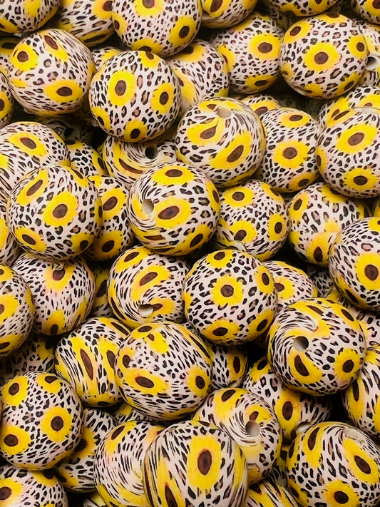 15mm Print Safari Sunflower Round Silicone Beads, Flower Silicone Bead
