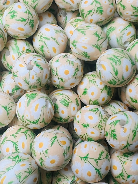 15mm Print Daisy Days Round Silicone Beads, Flower Silicone Bead