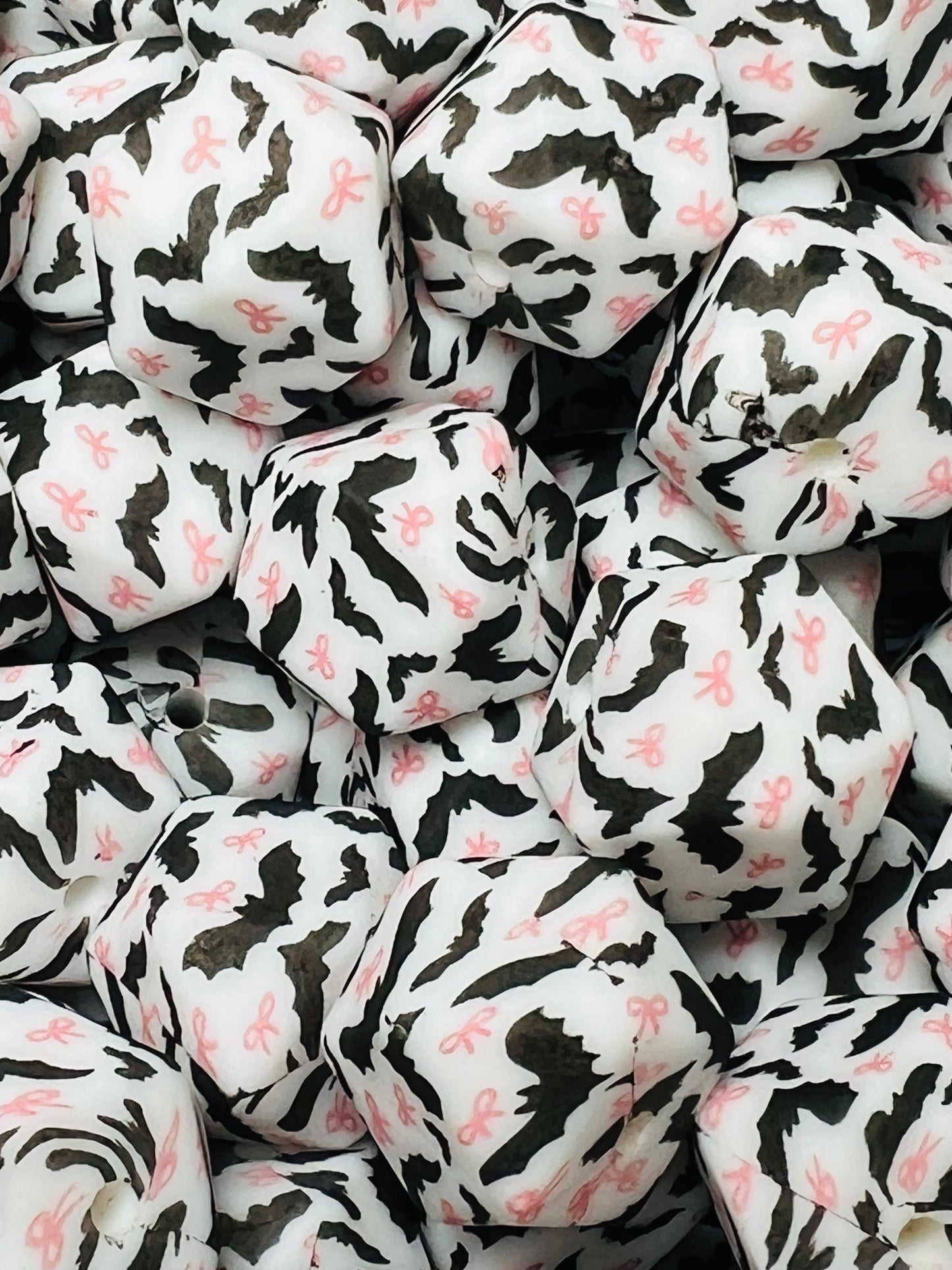 14mm Hexagon Print Bats & Bows EXCLUSIVE Printed Silicone Bead