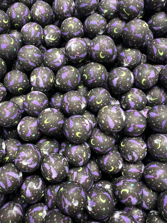 15mm Print Halloween Night Round Silicone Beads, Halloween Silicone Beads