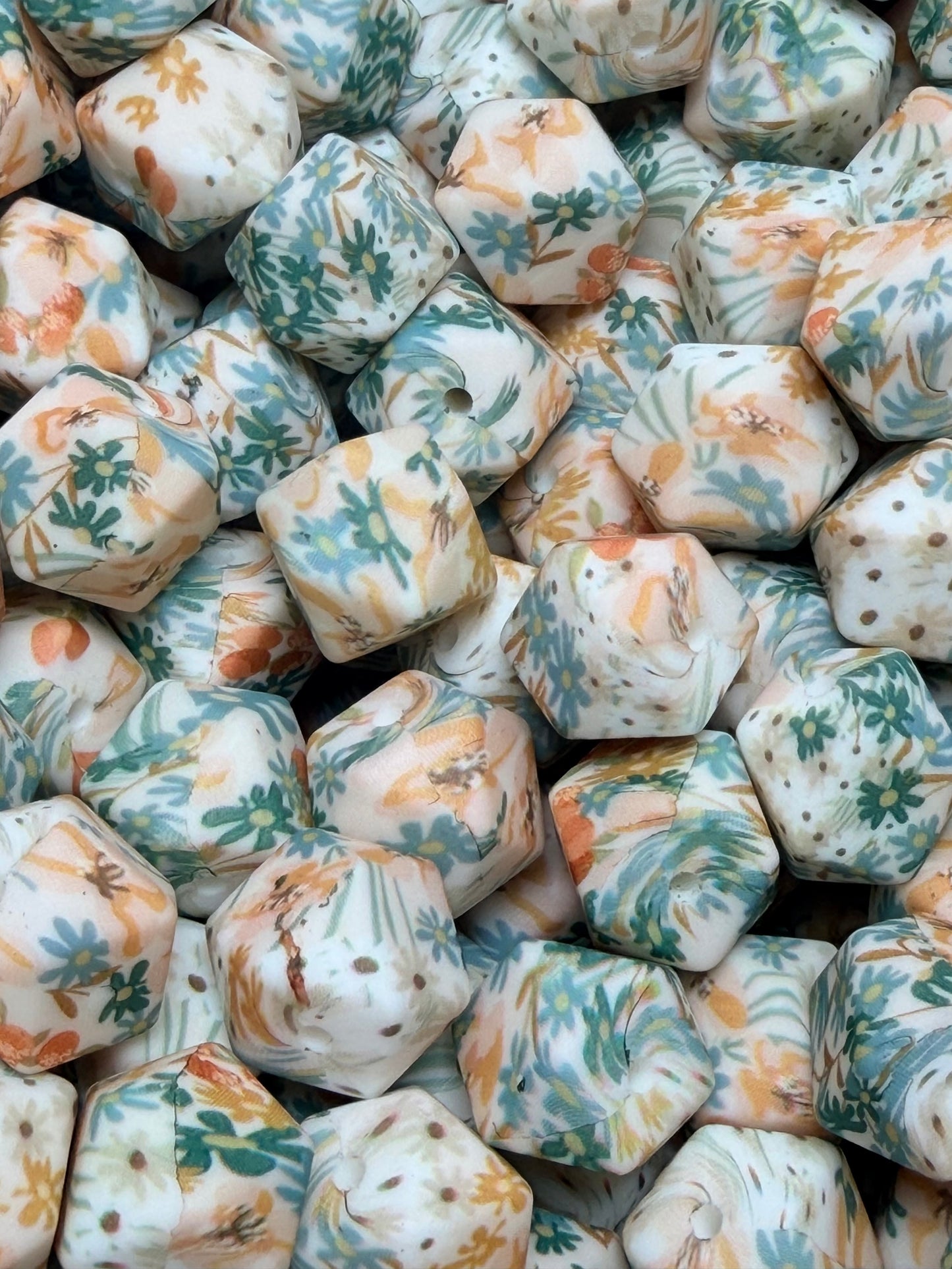 14mm Hexagon Print Wildflowers Printed Silicone Beads