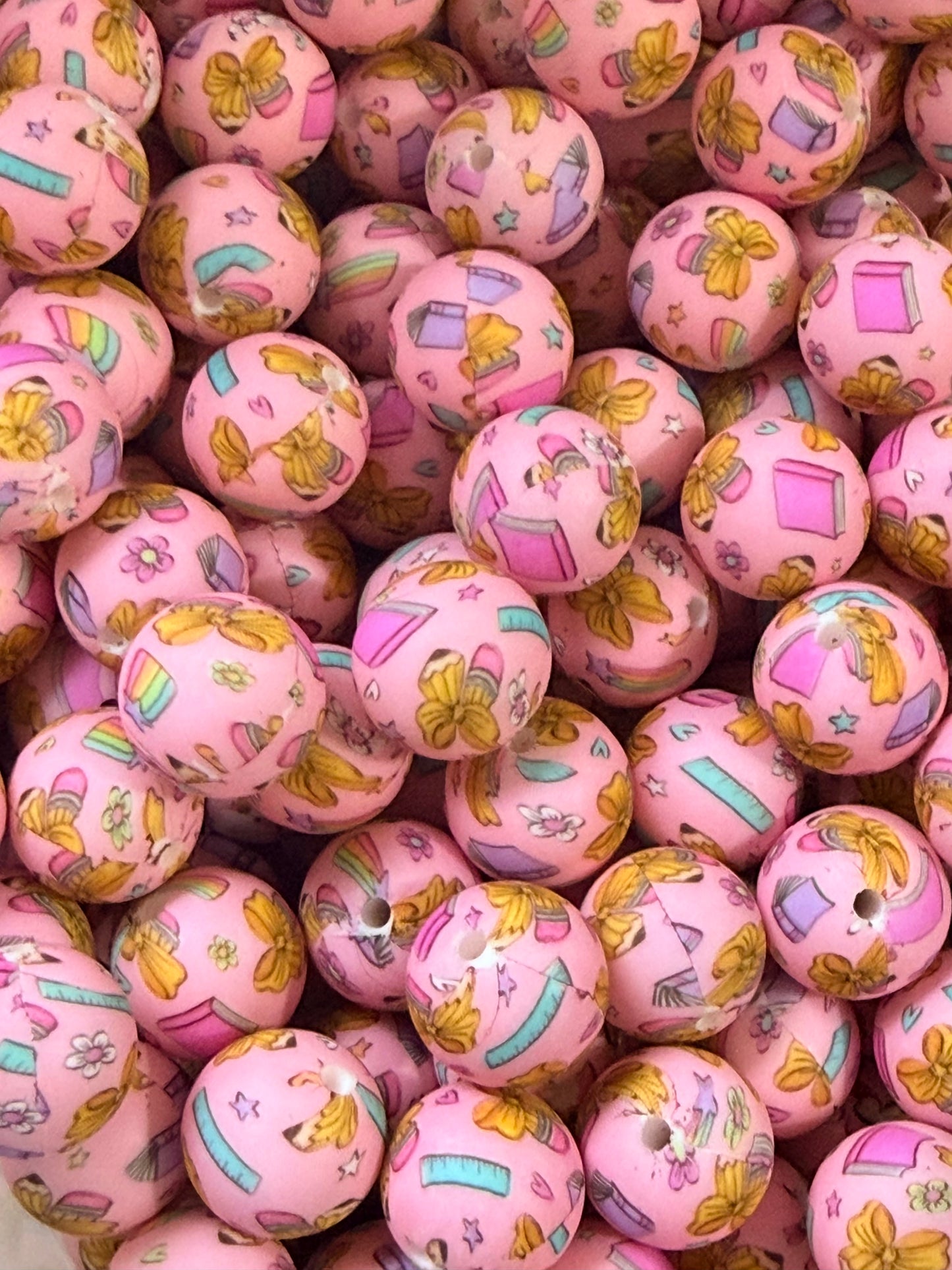 15mm Print Fancy Pencils EXCLUSIVE Round Silicone Beads, School Print Bead