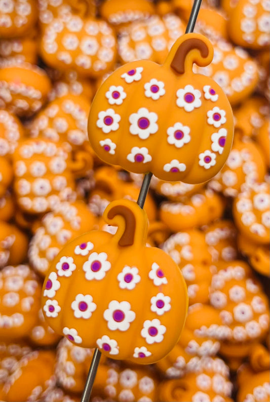 H- Puffy Floral Pumpkin Silicone Focal Bead, Fall Focal Bead