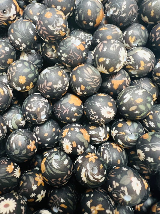 15mm Print Midnight Meadow EXCLUSIVE Silicone Beads, Flower Silicone Print Bead