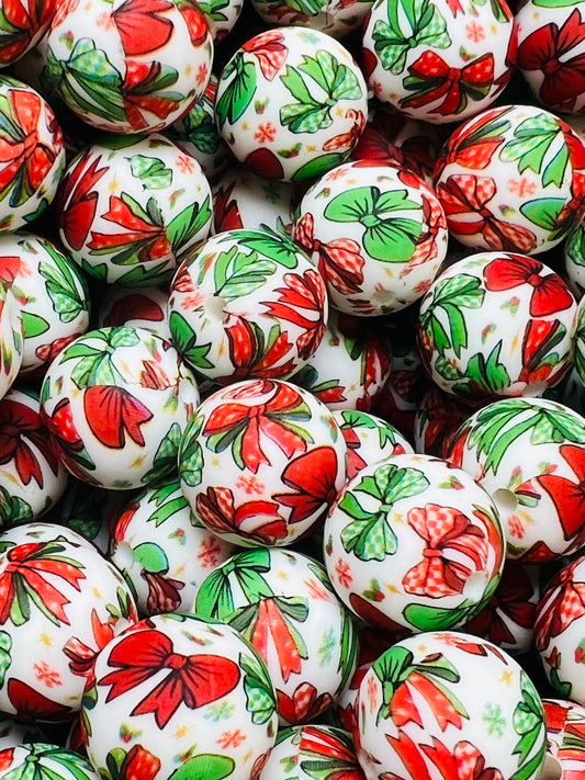 15mm Print Christmas Bows EXCLUSIVE Silicone Beads, Christmas Silicone Print Bead