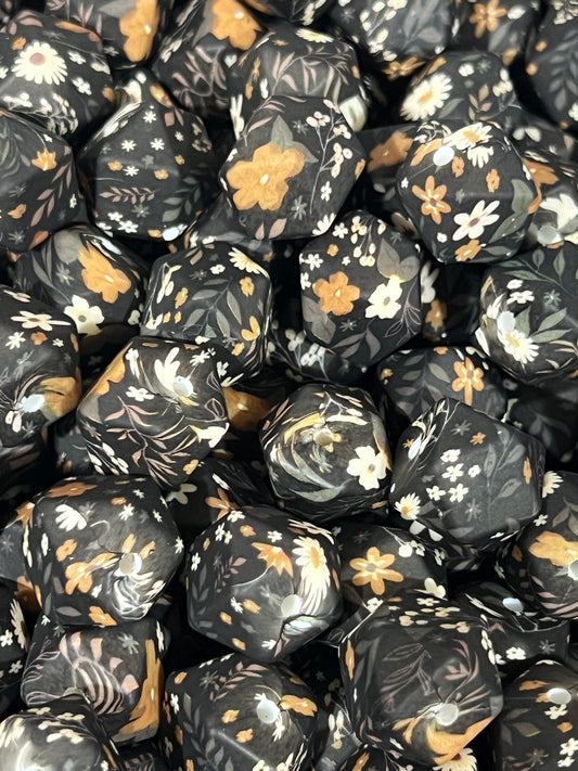 14mm Hexagon Print Midnight Meadow EXCLUSIVE Printed Silicone Bead