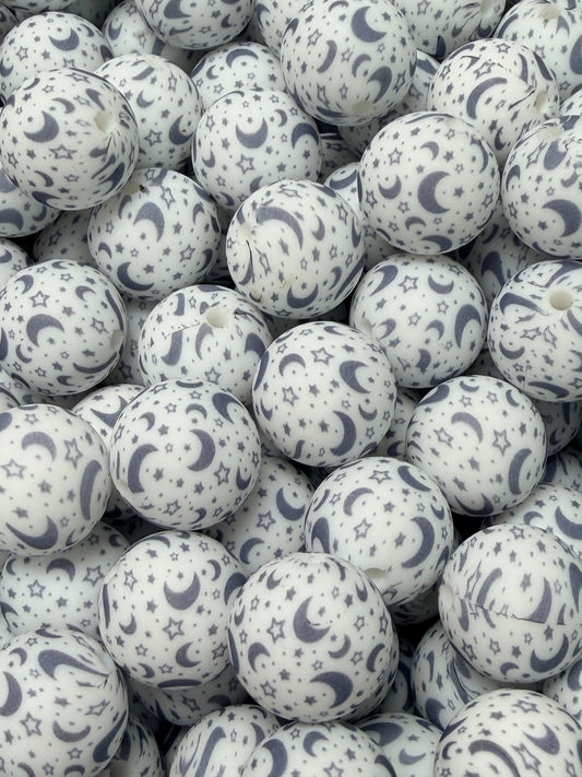 15mm Print Moon And Stars EXCLUSIVE Silicone Beads, Silicone Print Bead