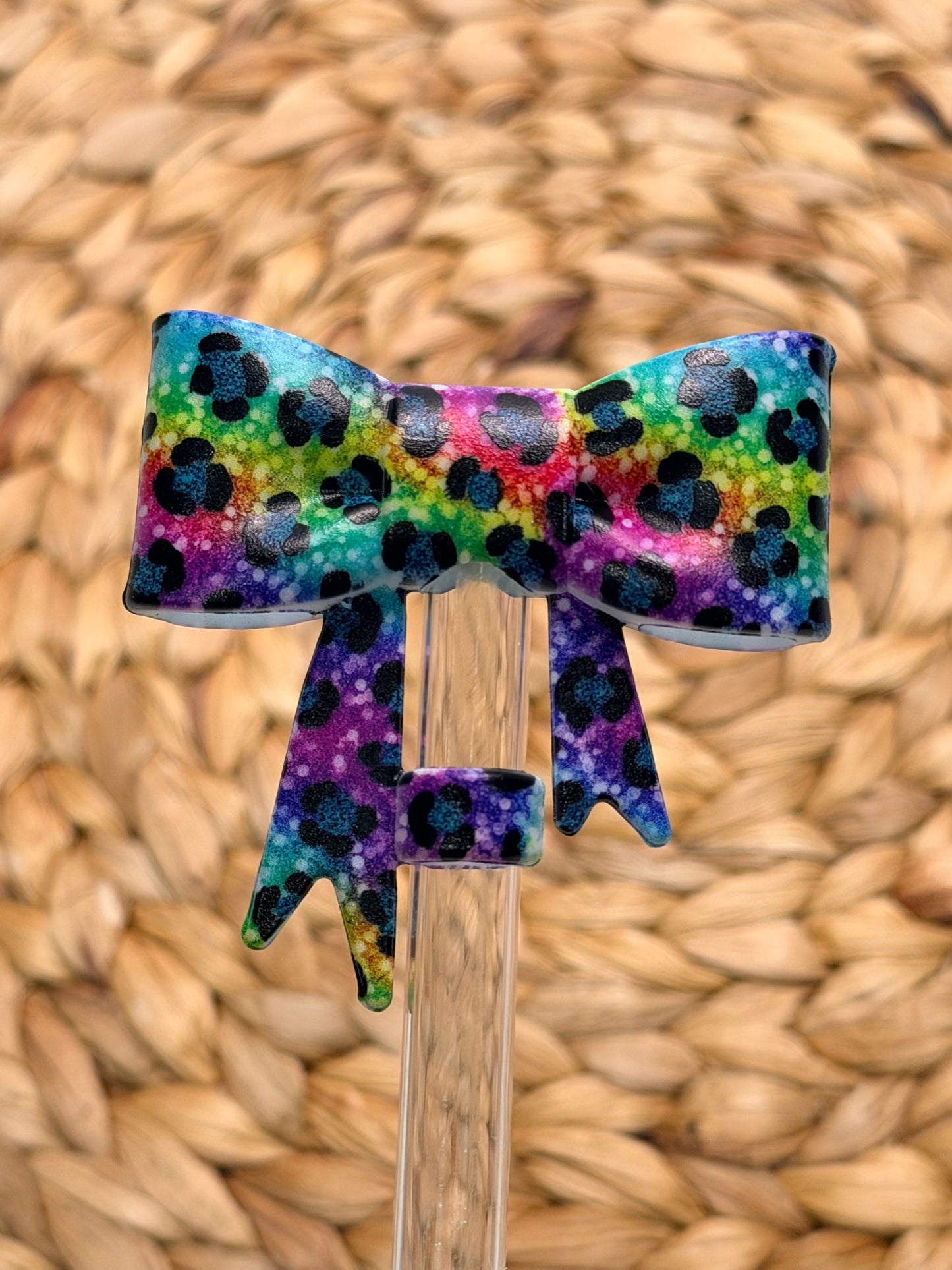 Y- Straw Topper - Neon Leopard Printed Bow, Tumbler Accessory