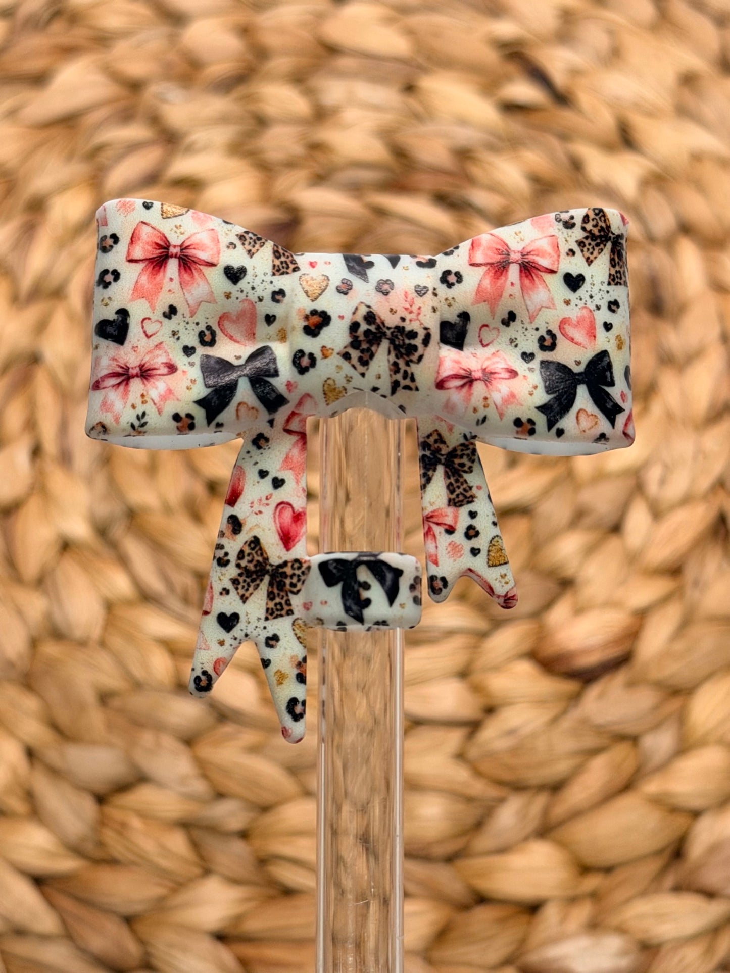 Y- Straw Topper - Spotted Sweetheart Printed Bow, Tumbler Accessory