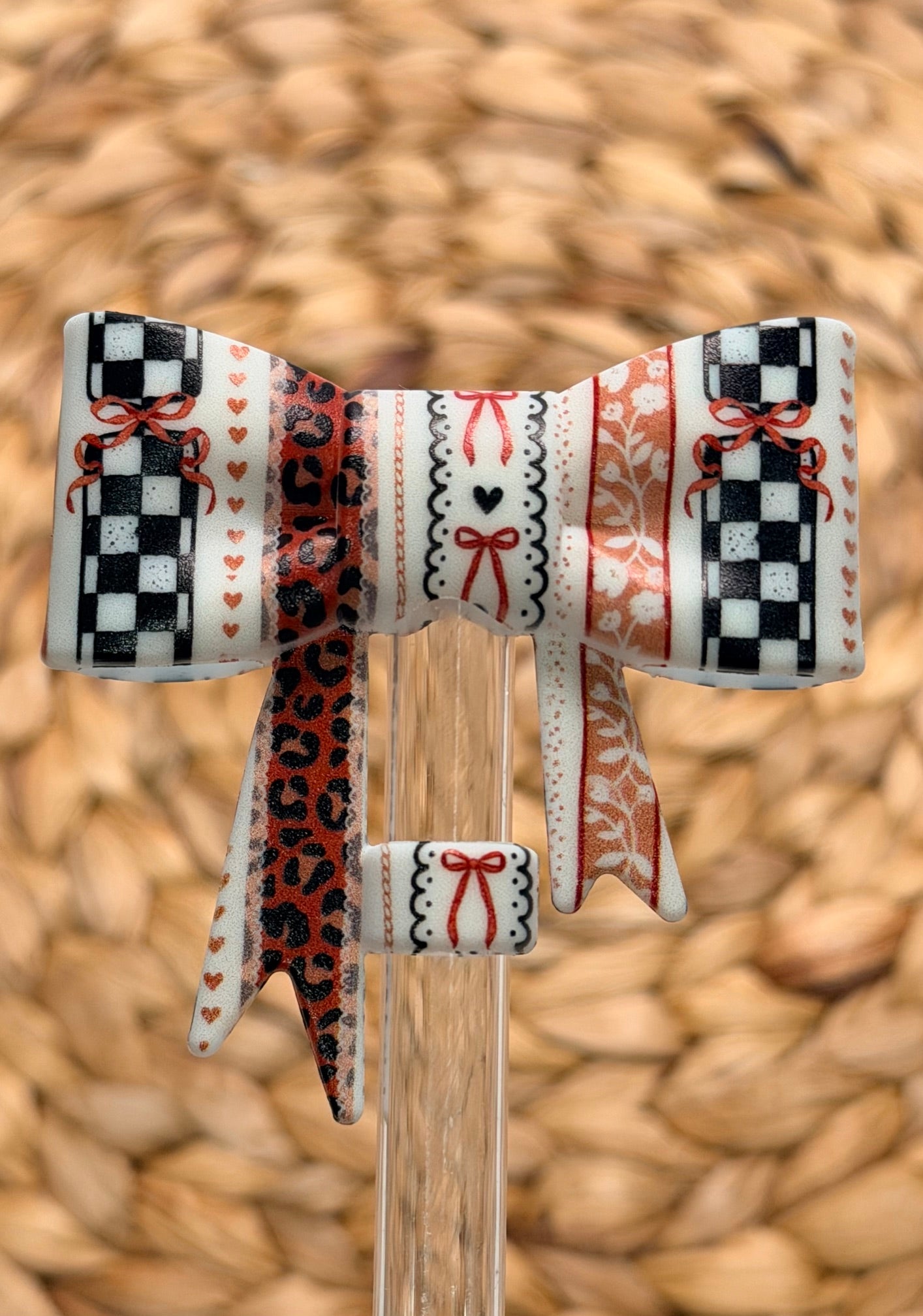 Y- Straw Topper - Rustic Ribbons Printed Bow, Tumbler Accessory