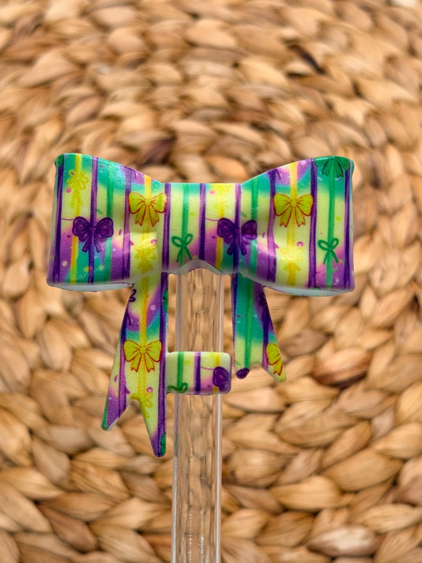 Y- Straw Topper - Mardi Gras Ribbons Printed Bow, Tumbler Accessory