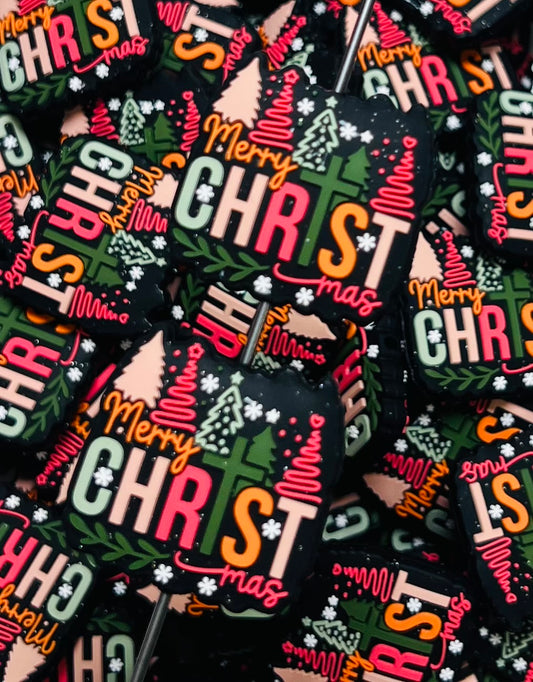 C- Merry CHRISTmas EXCLUSIVE Silicone Focal Bead, Christmas Silicone Bead