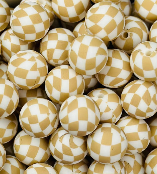15mm Print Tan Checkered Flag EXCLUSIVE Round Silicone Beads