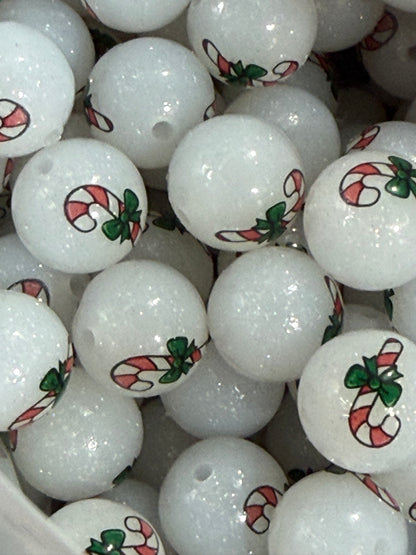 15mm Liquid Glitter Candy Cane EXCLUSIVE Round Silicone Beads