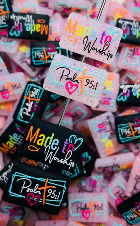 R- Made to Worship Glitter Focal Bead, Religious Focal Bead